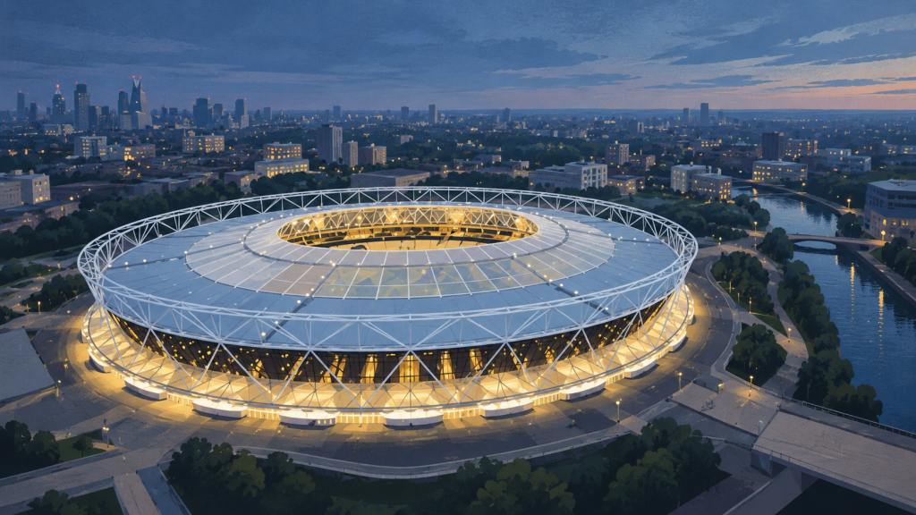 Editorial illustration of London Stadium with an oval roof, a canal and the surrounding city.