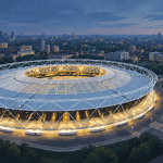 Editorial illustration of London Stadium with an oval roof, a canal and the surrounding city.